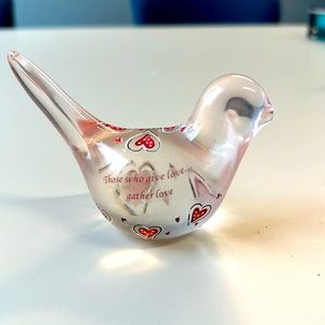 Glass bird hearts Valentine’s Day gift Mother’s Day pink tint paperweight VTG